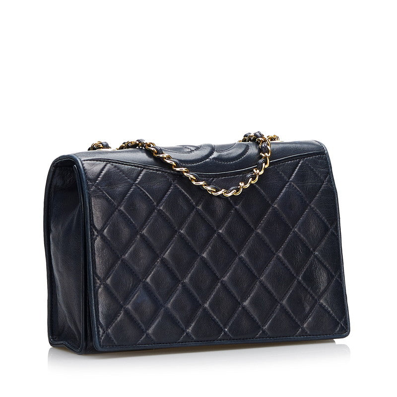 Chanel Shoulder Bag Flap Navy Lambskin Leather Matrasse Vintage