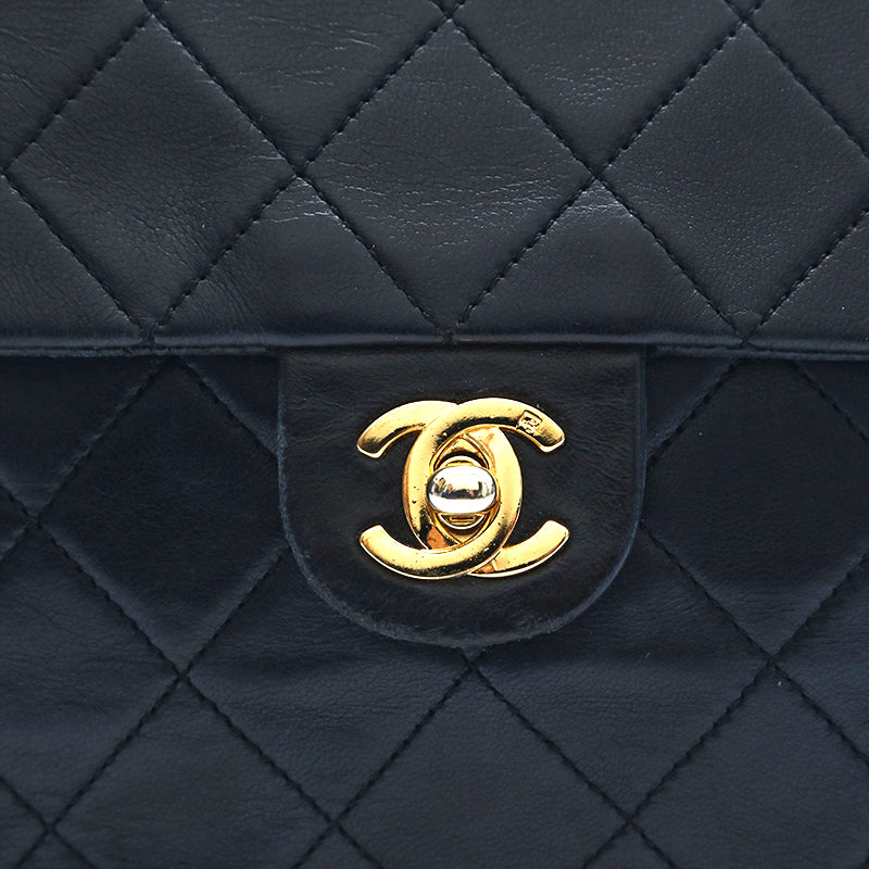 Chanel Shoulder Bag Flap Black Lambskin Leather Matrasse Vintage