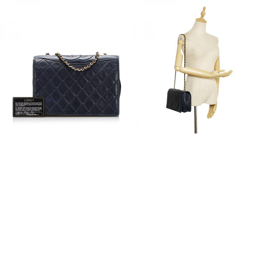 Chanel Shoulder Bag Flap Navy Lambskin Leather Matrasse Vintage