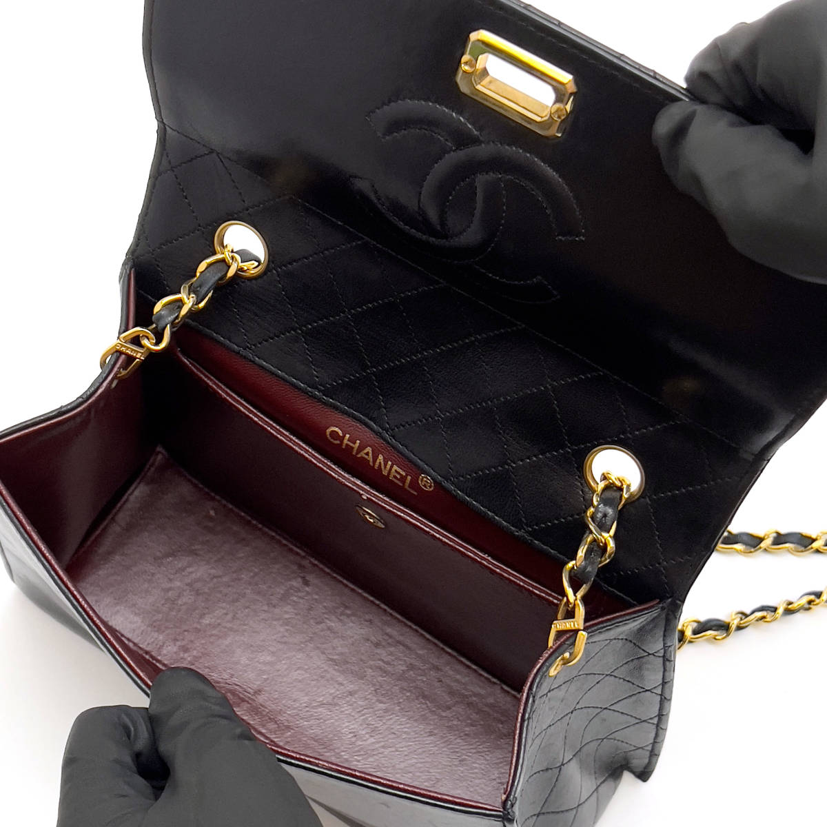 Chanel Shoulder Bag Trapezoidal Flap Black Lambskin Leather Matrasse Vintage First Series