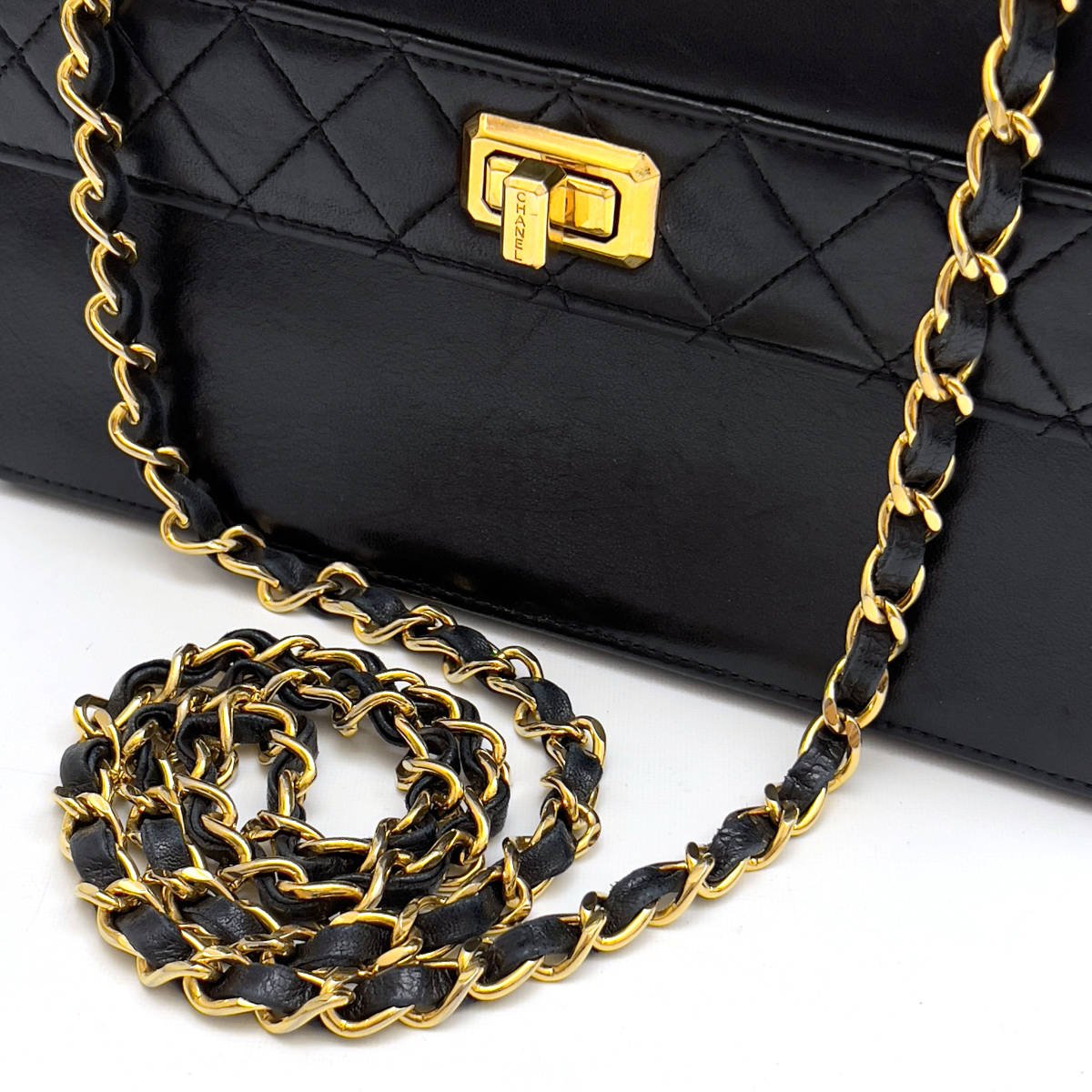 Chanel Shoulder Bag Trapezoidal Flap Black Lambskin Leather Matrasse Vintage First Series