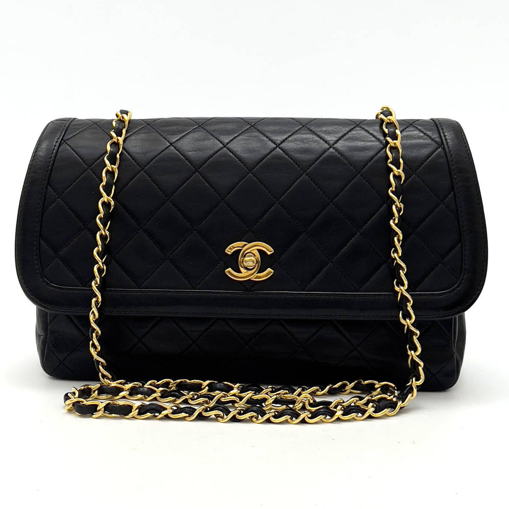 Chanel Shoulder Bag Single Flap Black Lambskin Leather Matrasse Vintage First Series