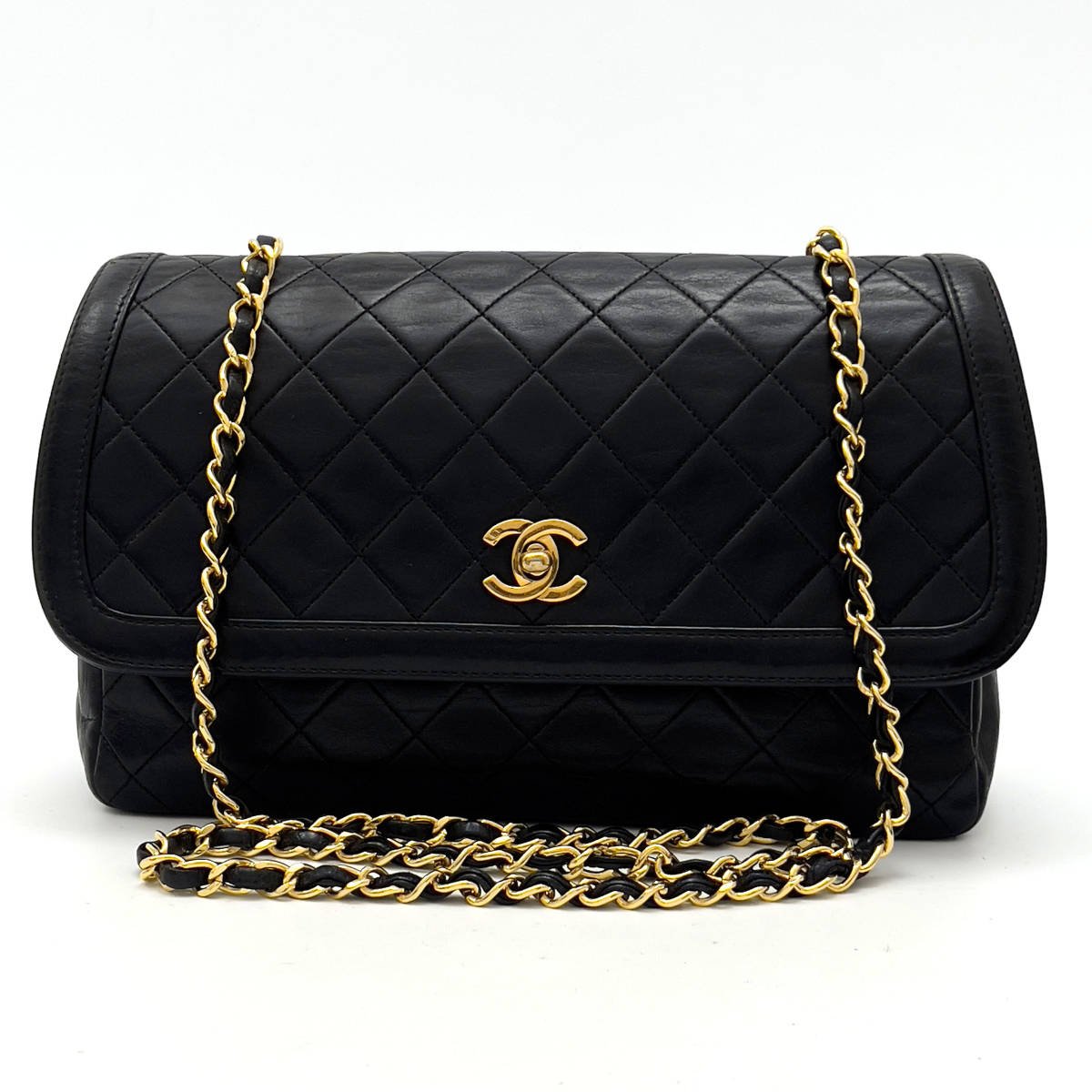 Chanel Shoulder Bag Single Flap Black Lambskin Leather Matrasse Vintage First Series