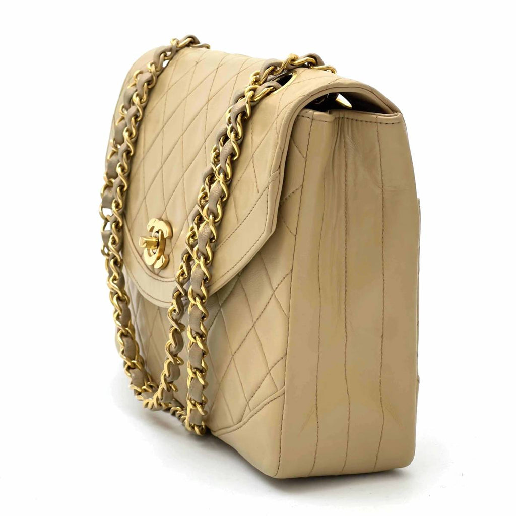 Chanel Shoulder Bag Flap Beige Lambskin Leather Matrasse Vintage