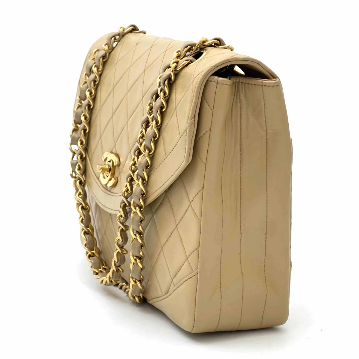 Chanel Shoulder Bag Flap Beige Lambskin Leather Matrasse Vintage
