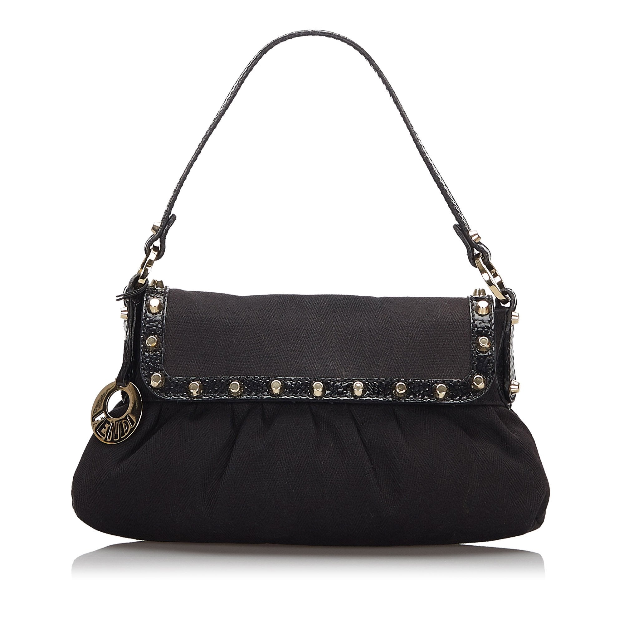 Pre-Loved Fendi Black Canvas Fabric Studded Chef Shoulder Bag Italy