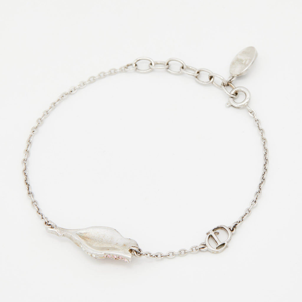 DIOR Silver Tone Crystal Studded Rose Chain Necklace