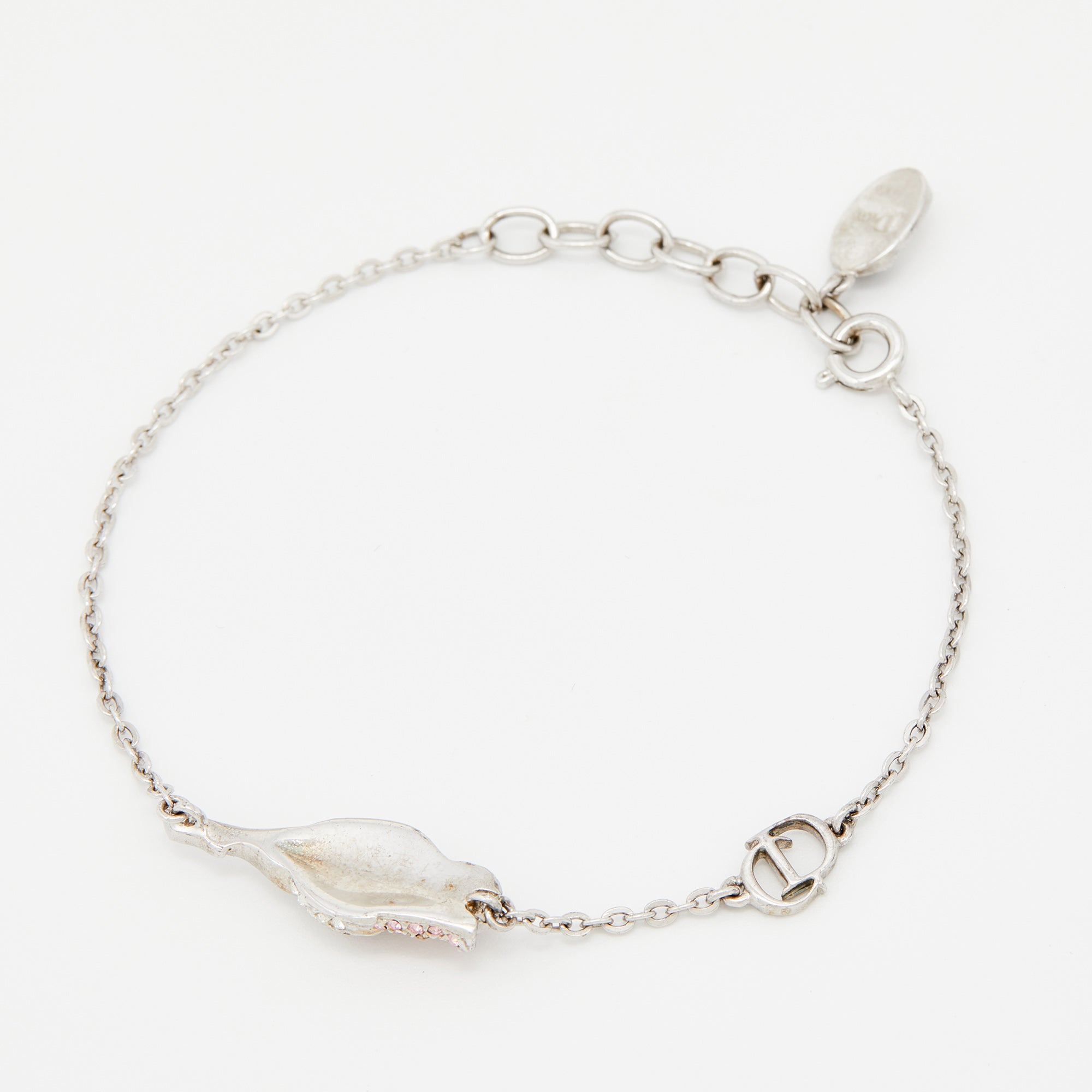 DIOR Silver Tone Crystal Studded Rose Chain Necklace