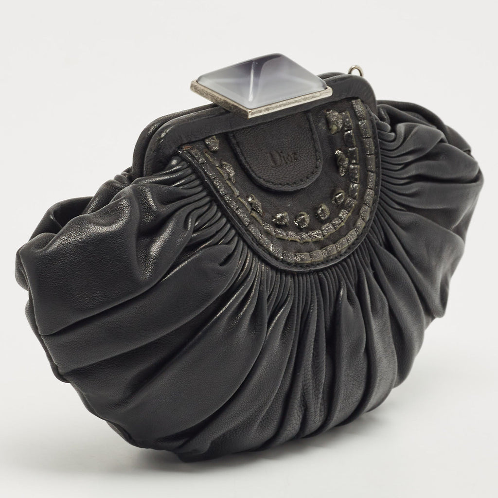 DIOR Black Pleated Leather Frame Clutch