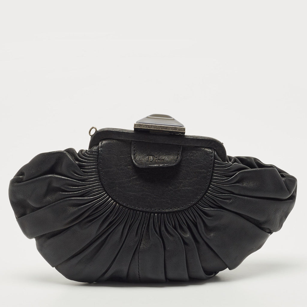 DIOR Black Pleated Leather Frame Clutch