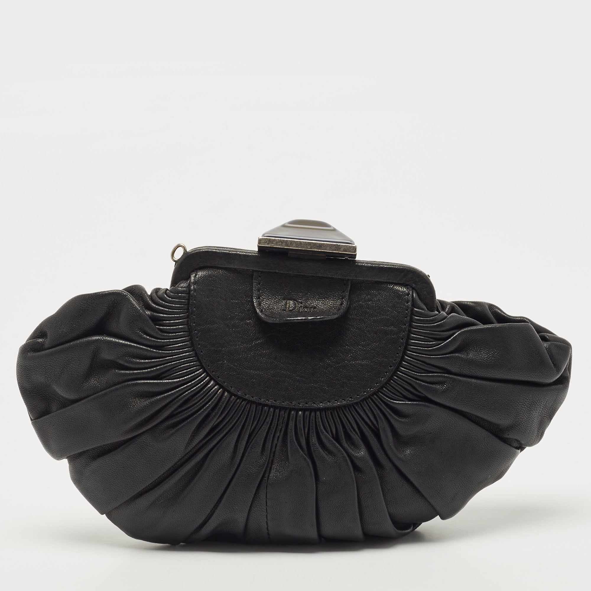 DIOR Black Pleated Leather Frame Clutch