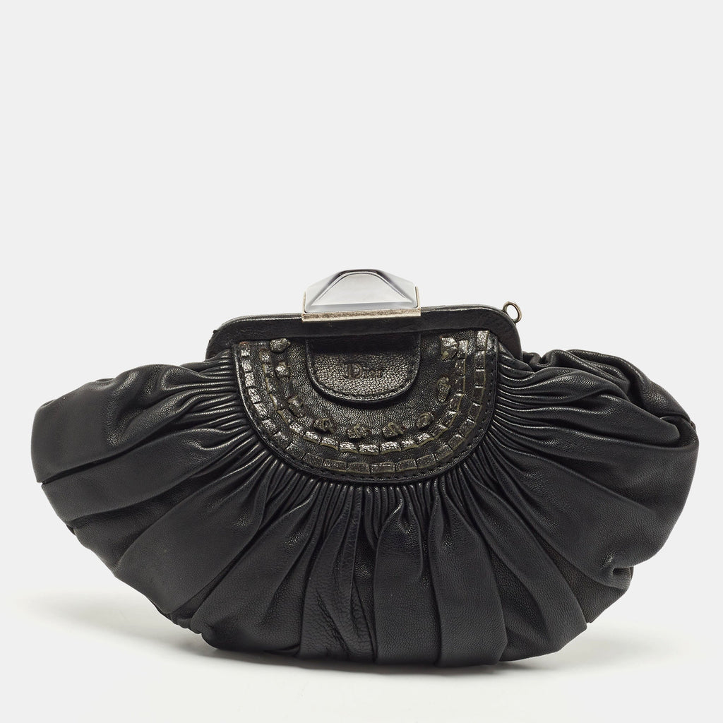 DIOR Black Pleated Leather Frame Clutch