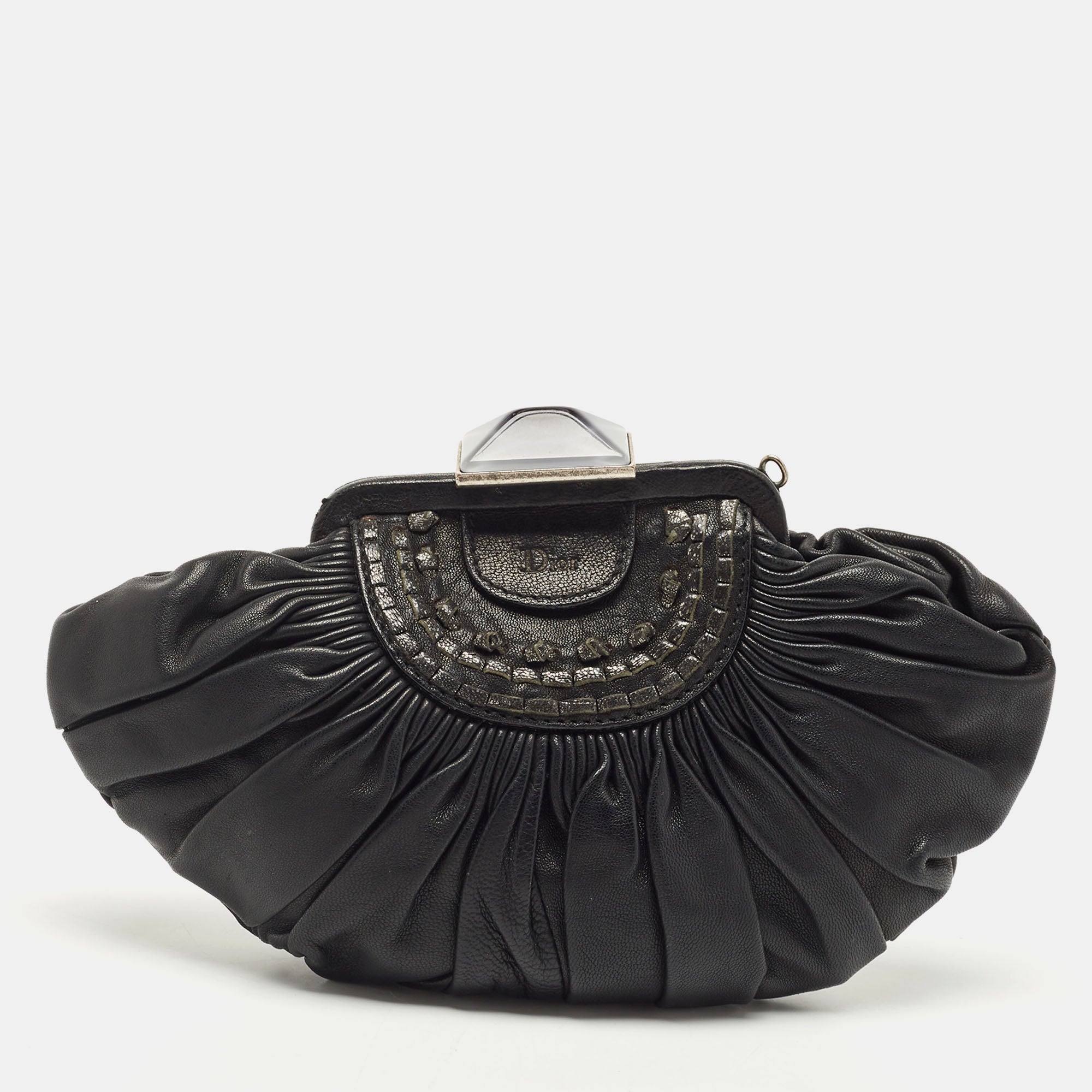 DIOR Black Pleated Leather Frame Clutch