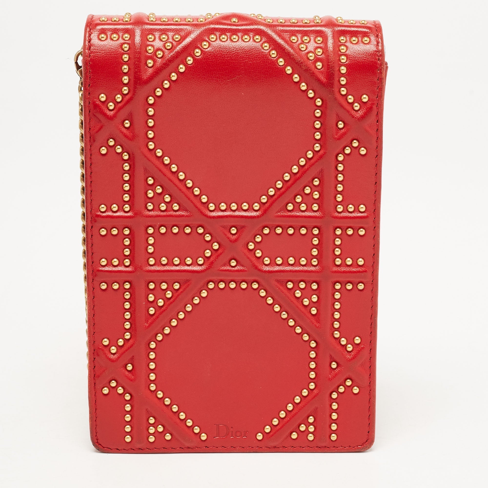 DIOR Red Leather ama Studded Vertical Chain Clutch