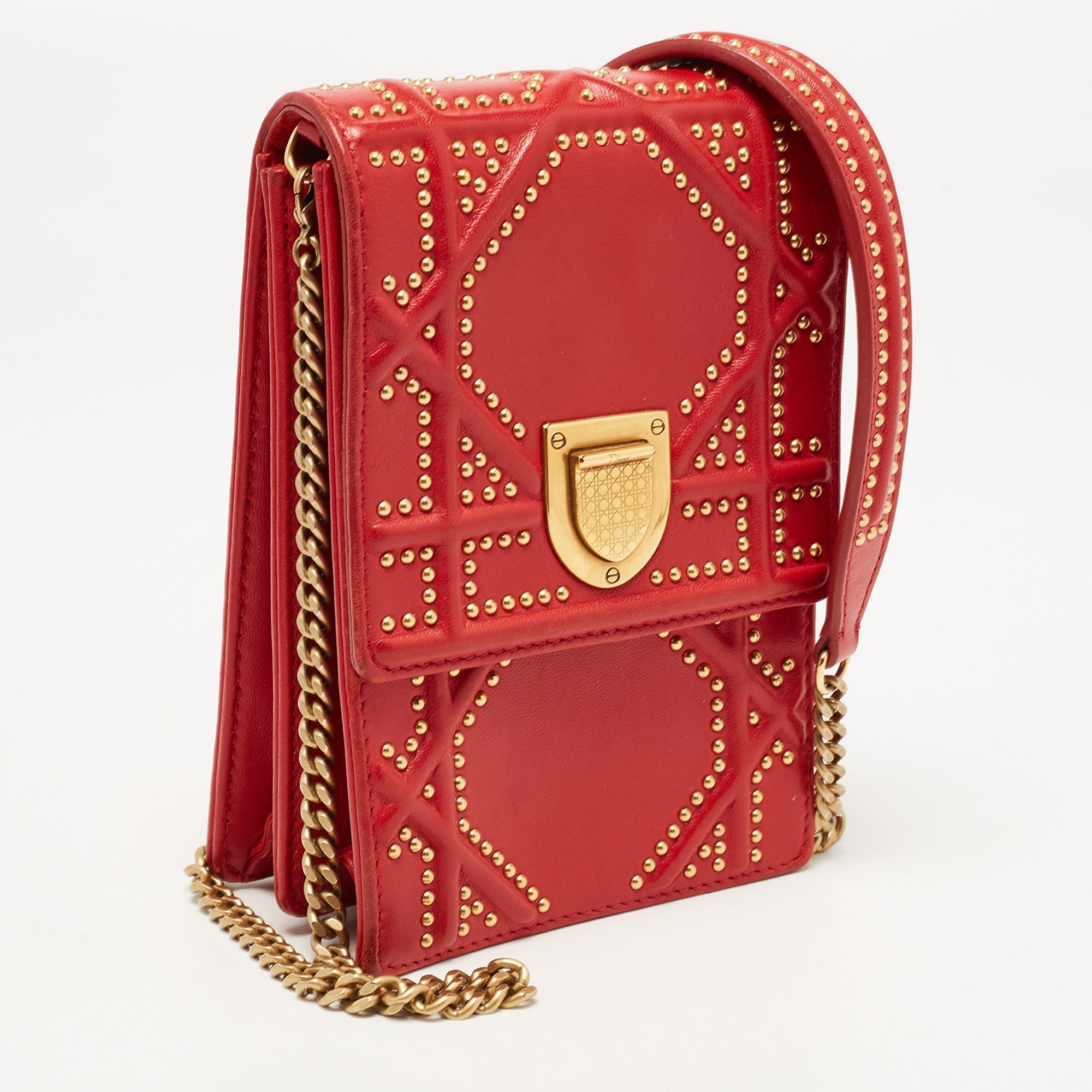 DIOR Red Leather ama Studded Vertical Chain Clutch