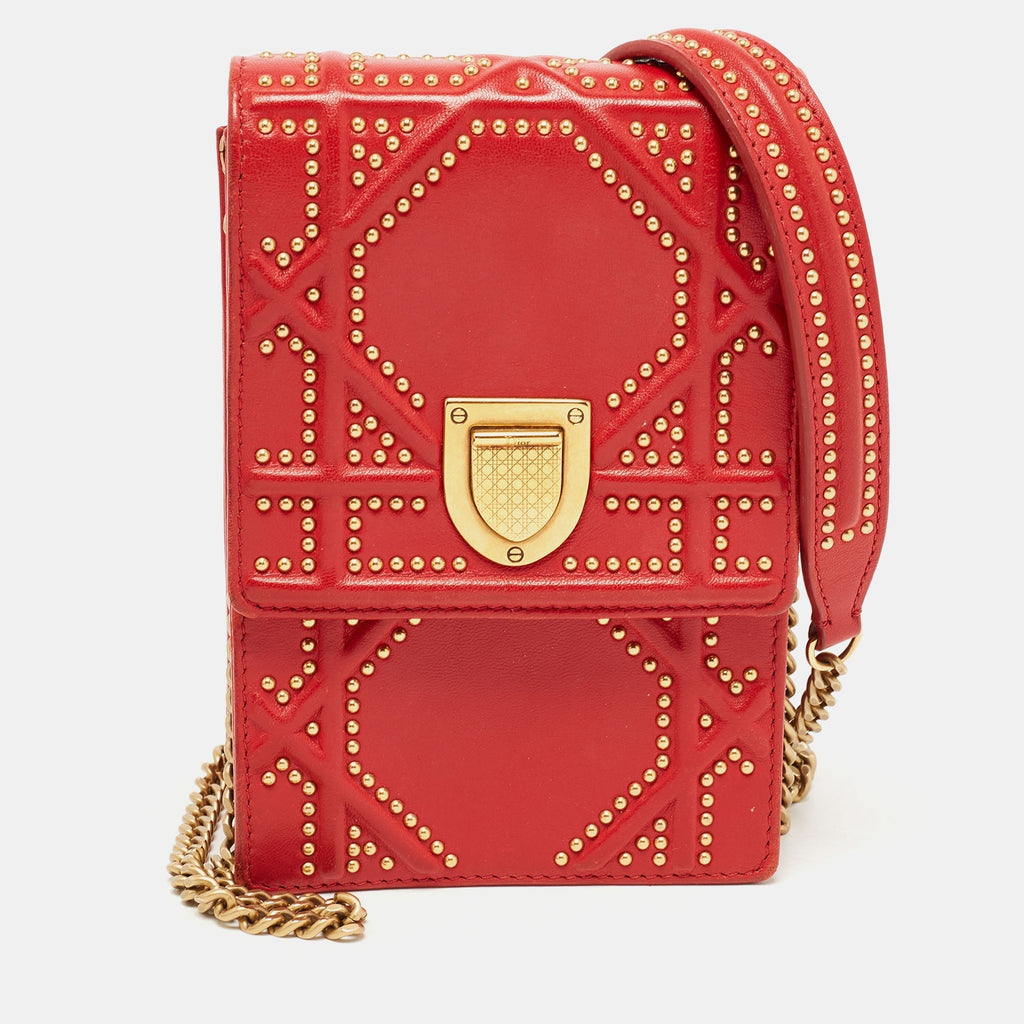 DIOR Red Leather ama Studded Vertical Chain Clutch