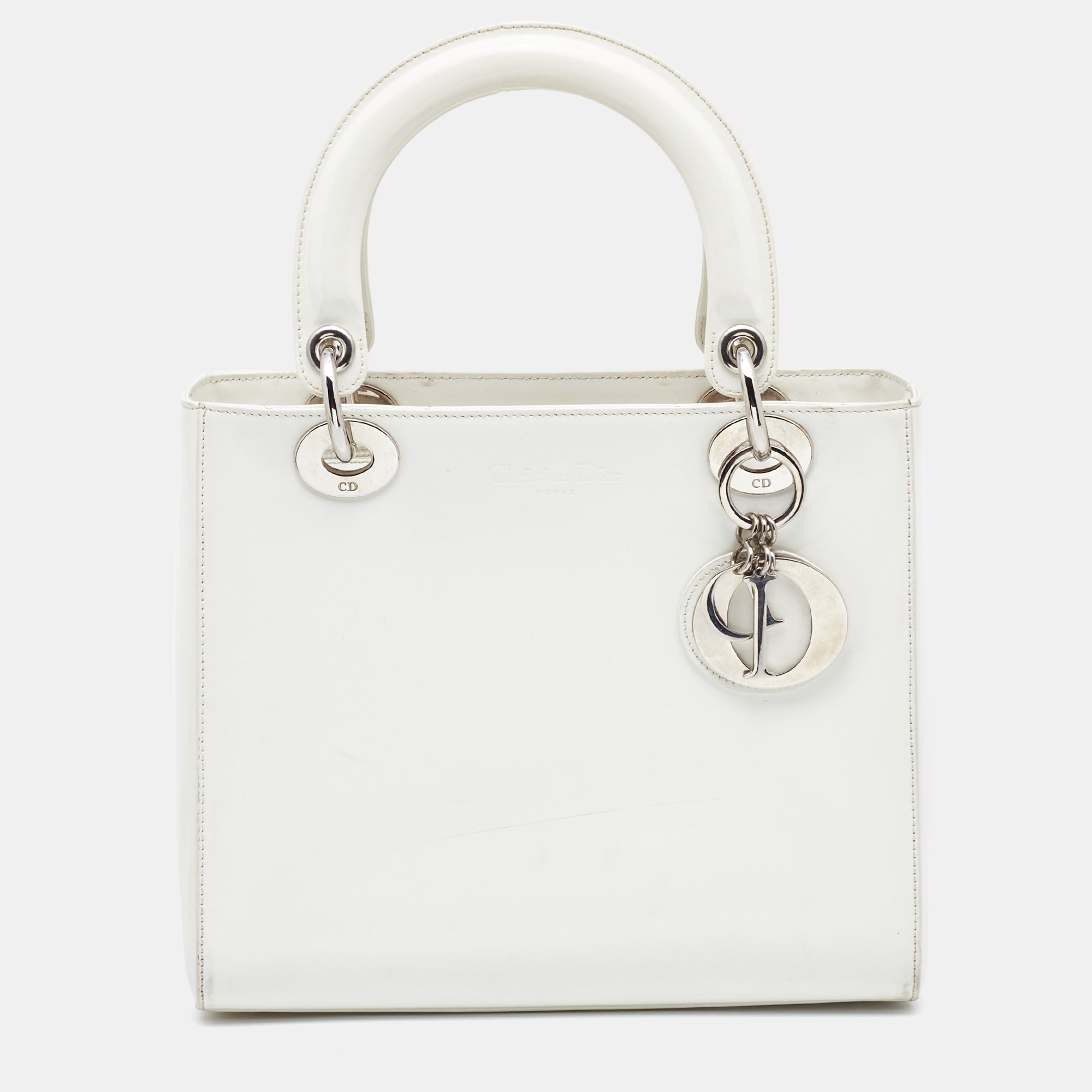 DIOR Off White Patent Leather Medium Vintage Lady  Tote