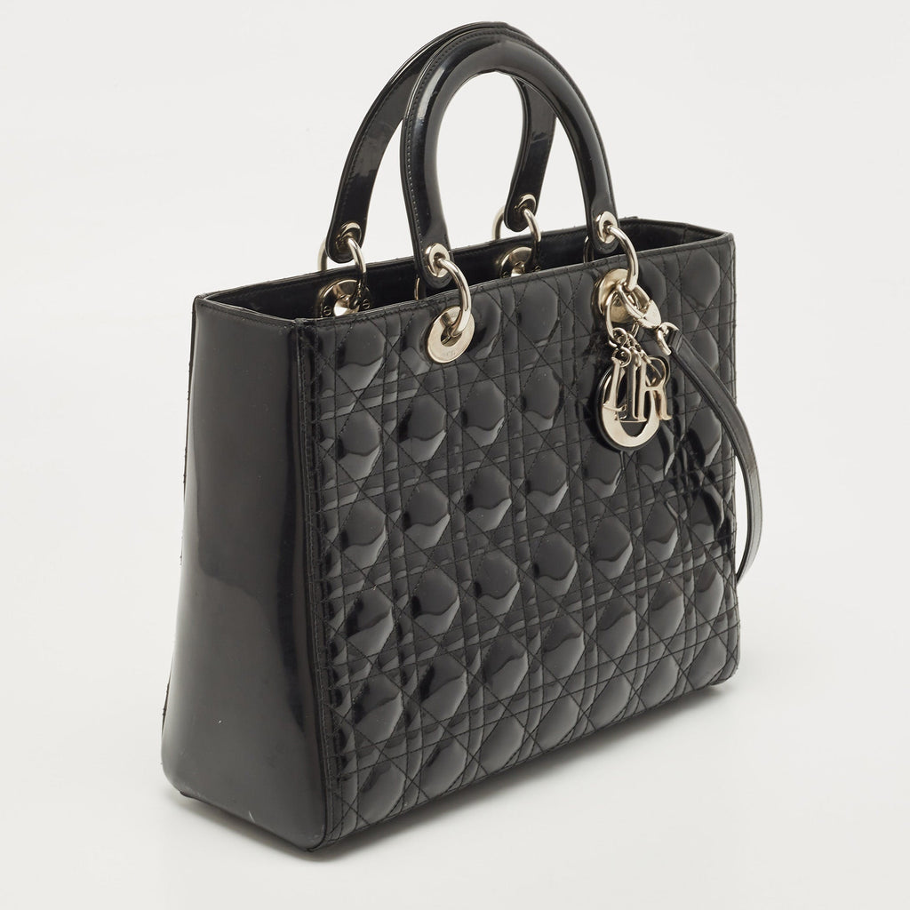 DIOR Black Cannage Patent Leather Large Lady  Tote