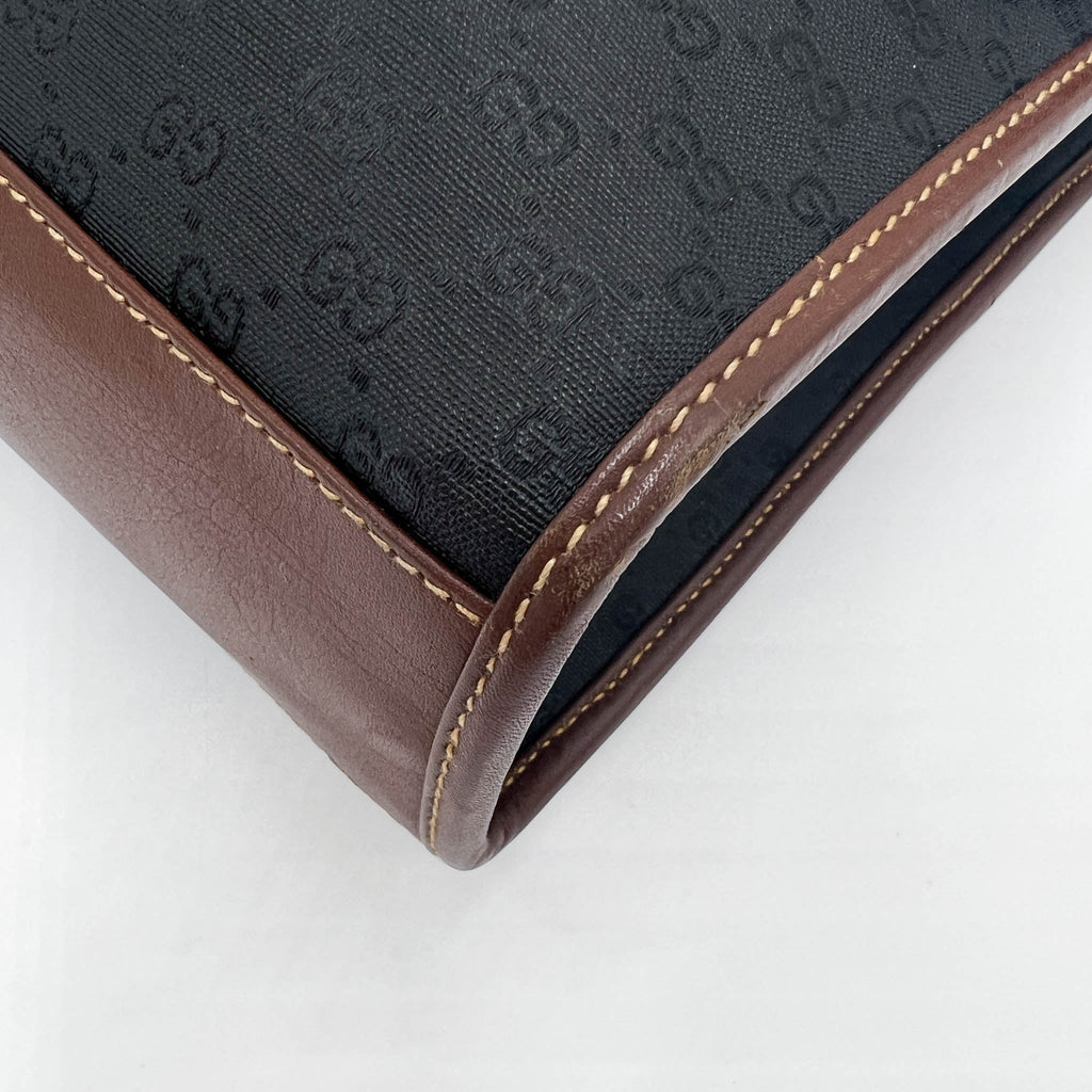 Gucci Vintage 1990s Black GG GG Jacquard & Brown Leather Satchel Crossbody Bag