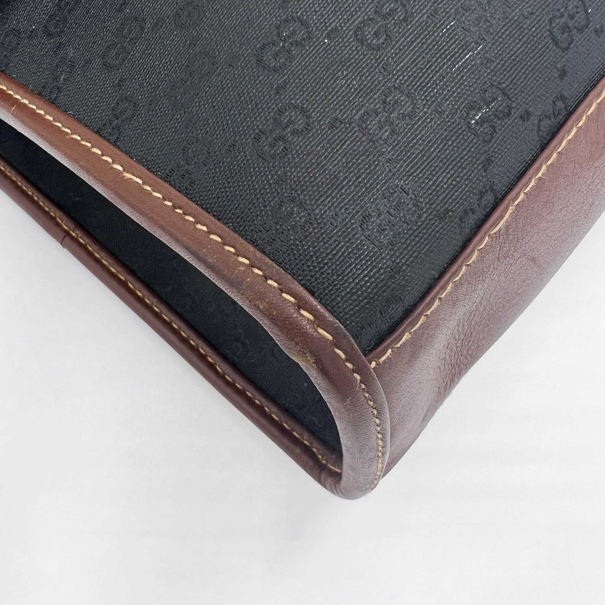 Gucci Vintage 1990s Black GG GG Jacquard & Brown Leather Satchel Crossbody Bag