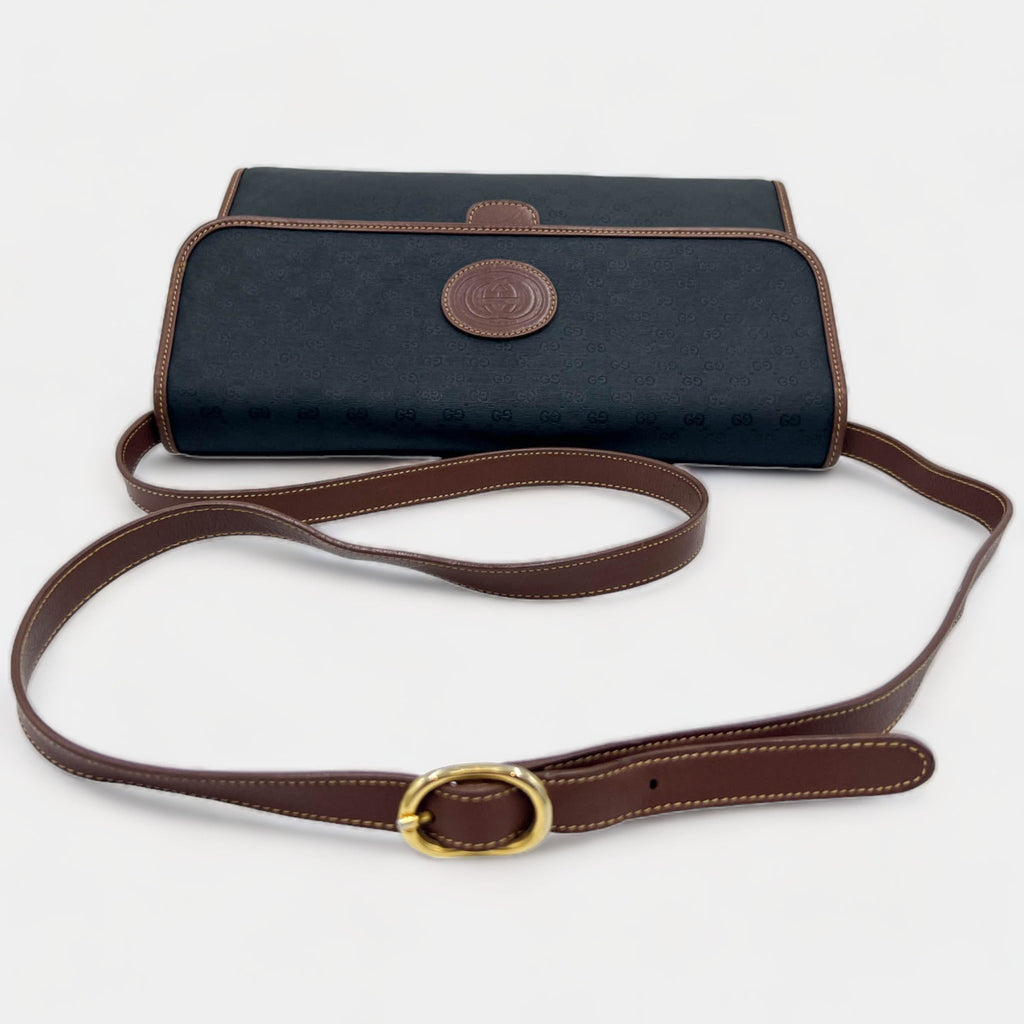 Gucci Vintage 1990s Black GG GG Jacquard & Brown Leather Satchel Crossbody Bag