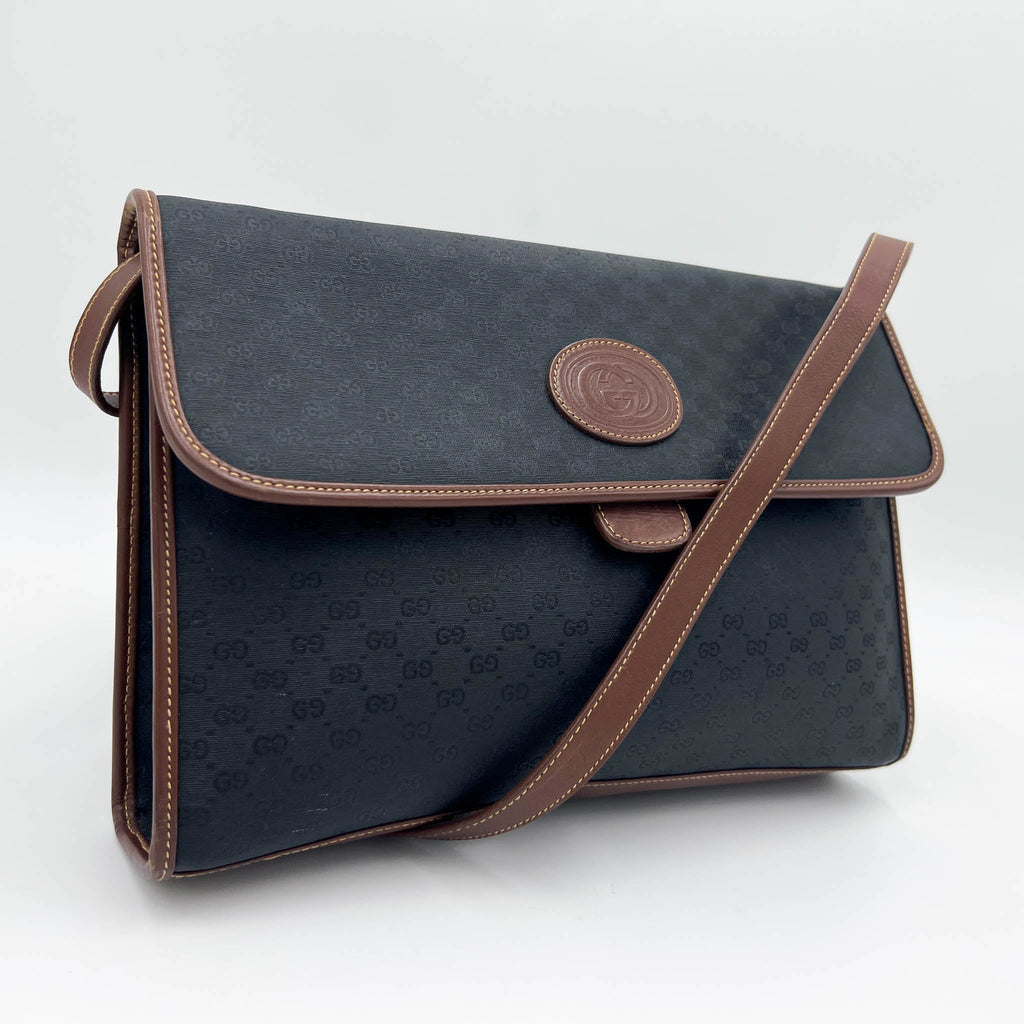 Gucci Vintage 1990s Black GG GG Jacquard & Brown Leather Satchel Crossbody Bag
