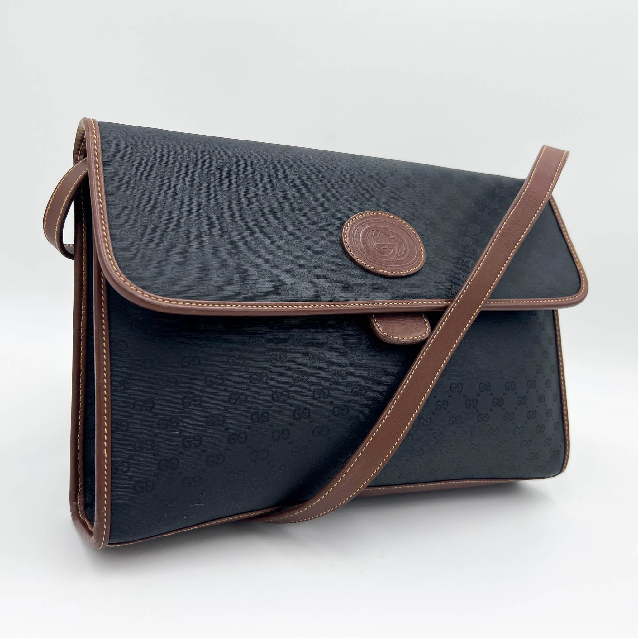 Gucci Vintage 1990s Black GG GG Jacquard & Brown Leather Satchel Crossbody Bag