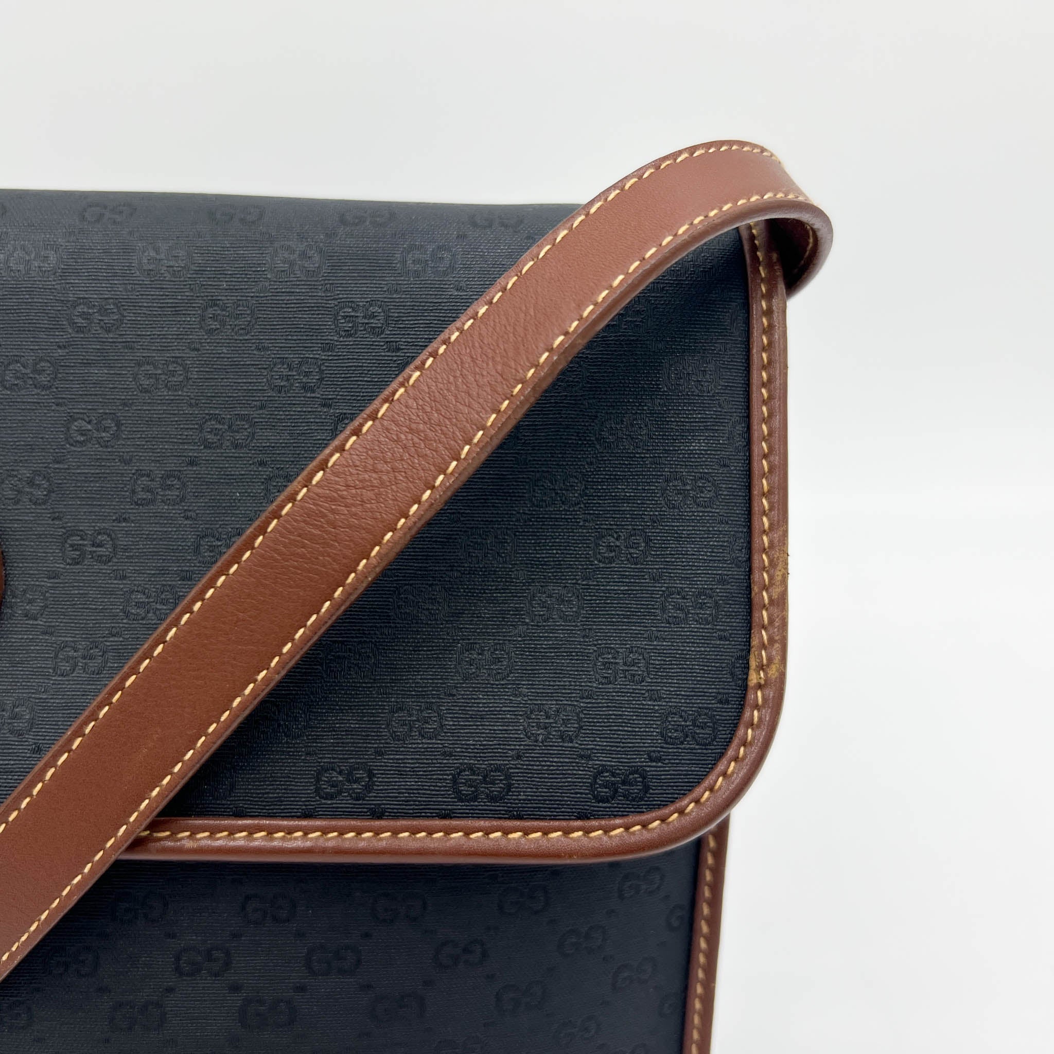 Gucci Vintage 1990s Black GG GG Jacquard & Brown Leather Satchel Crossbody Bag