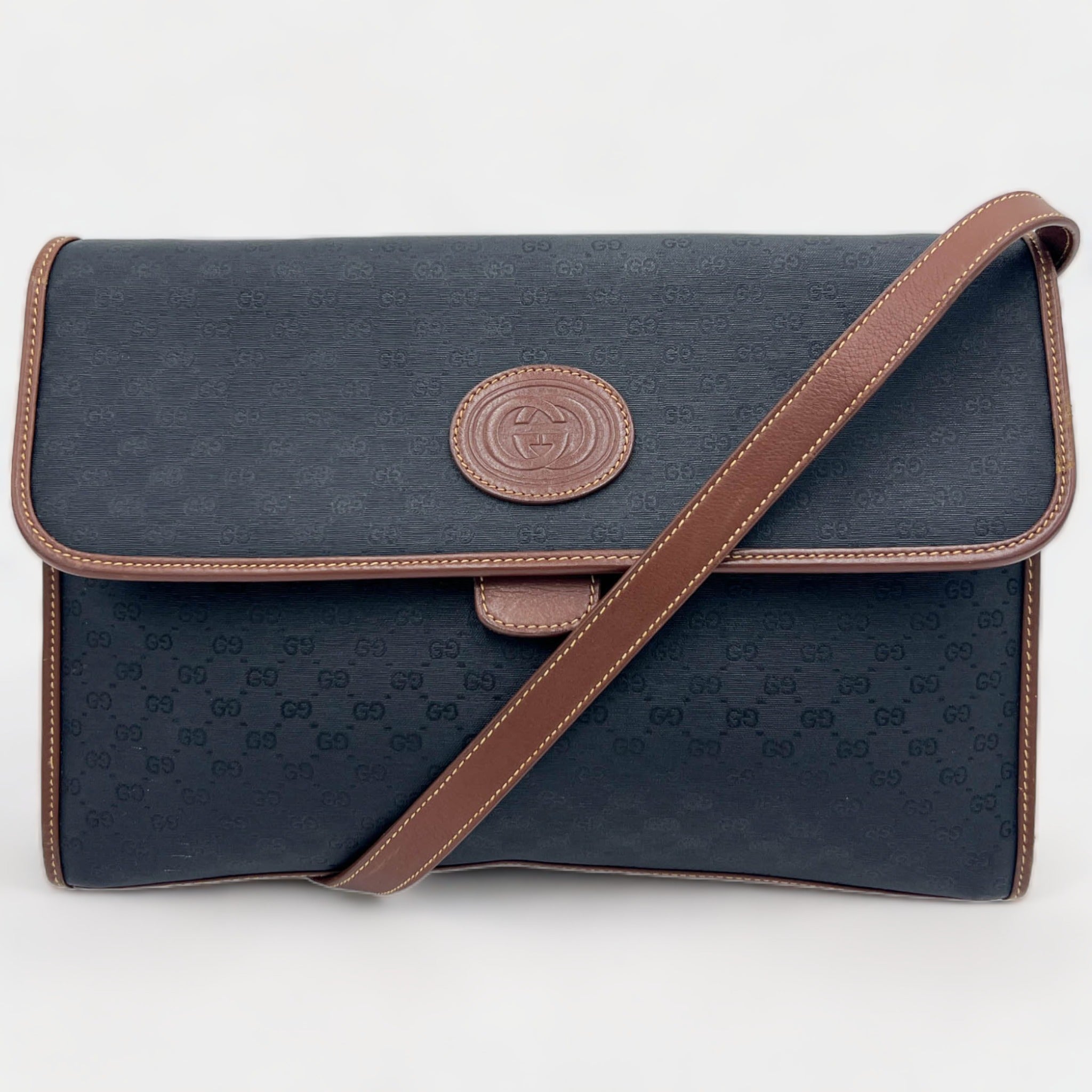 Gucci Vintage 1990s Black GG GG Jacquard & Brown Leather Satchel Crossbody Bag