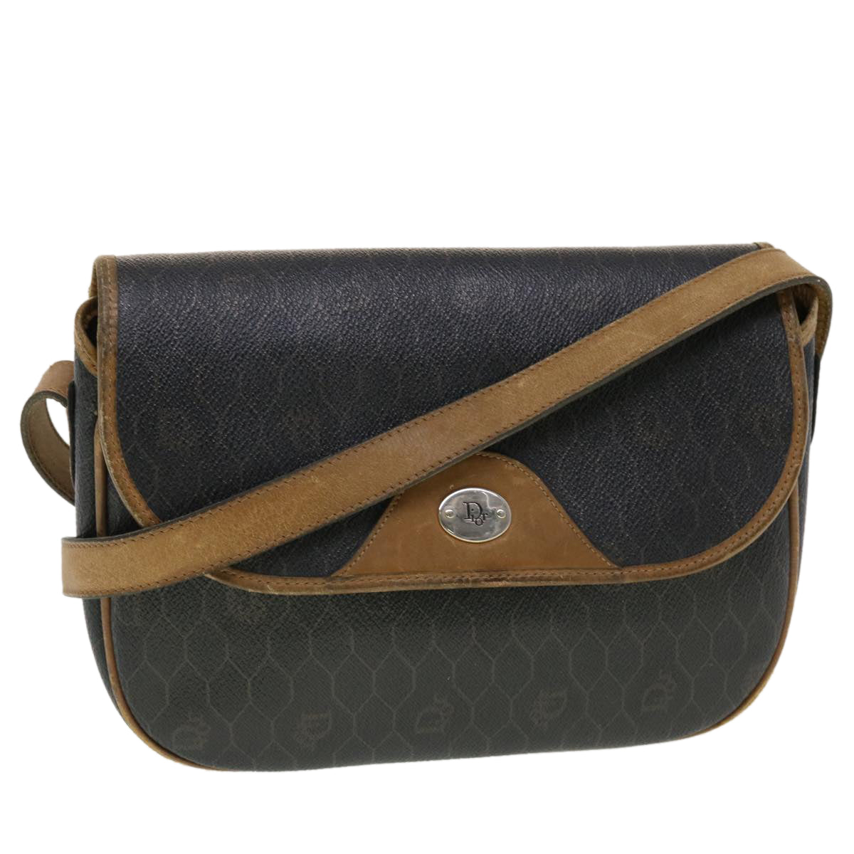 CHRISTIAN DIOR Honeycomb Canvas Shoulder Bag PVC Leather Black Auth ti1157